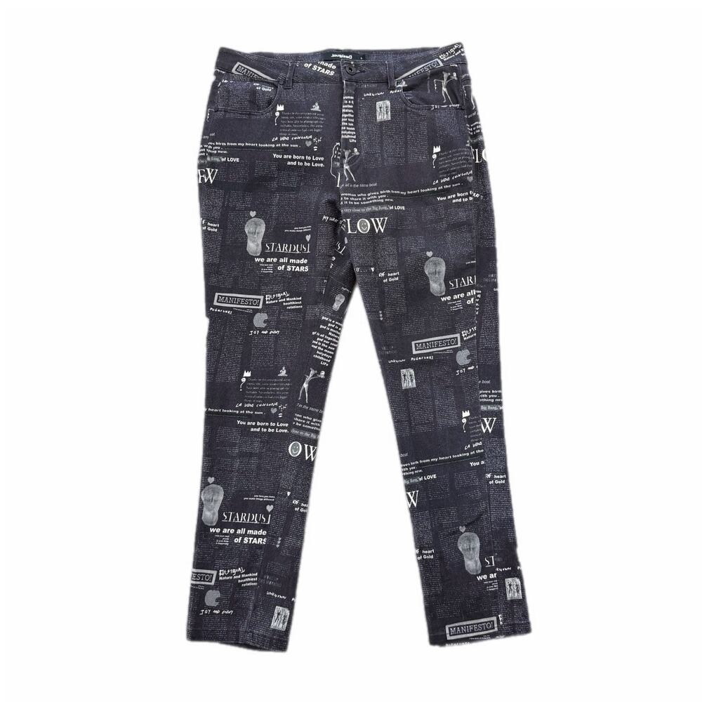 Desigual Black White Newspaper Print Graphic Straight Leg Grunge Denim Jeans